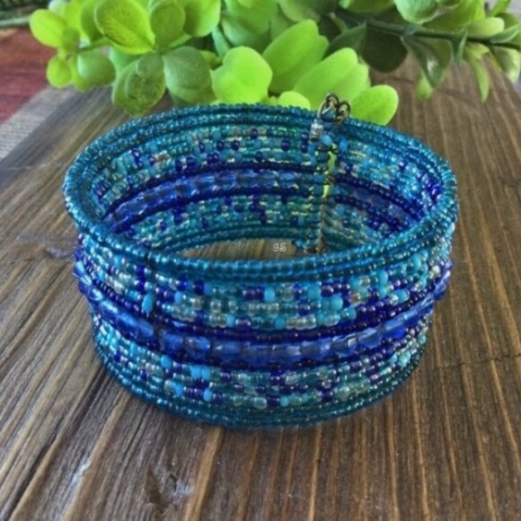Handmade Jewelry - Multi‑Strand Seed Bead Open Cuff Bracelet – Shades of Blue & Gray